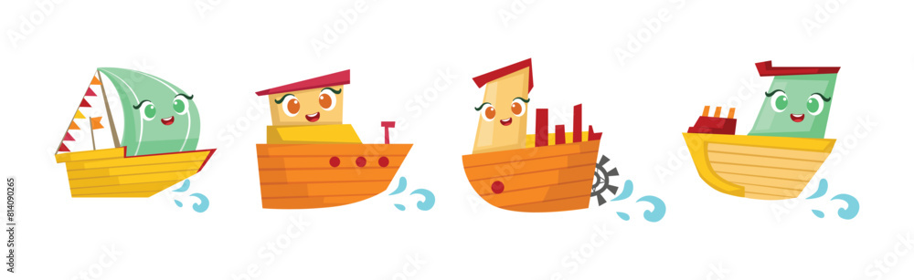 Poster Colorful Wooden Ship Sail with Cute Faces Vector Set