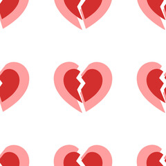 Seamless pattern of large isolated red broken heart symbols. The elements are evenly spaced. Illustration on light red background