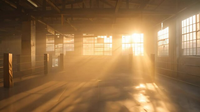 An empty warehouse with sunlight streaming through the windows, creating a bright and airy atmosphere, Fog-filled boxing gym at dawn with the sun streaming through broken windows