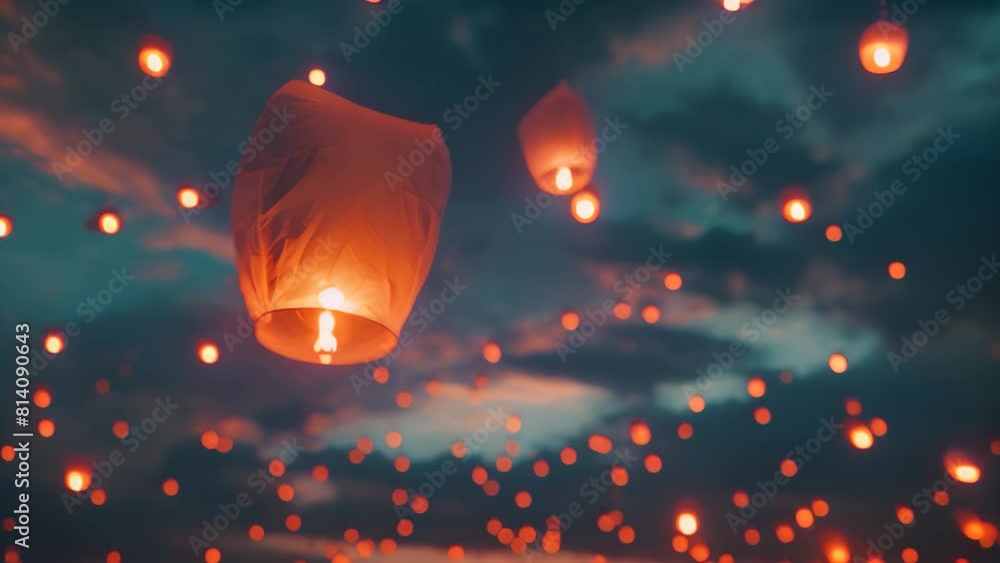 Poster an enchanting sight of numerous lanterns floating in the sky, creating a mesmerizing display, glowin
