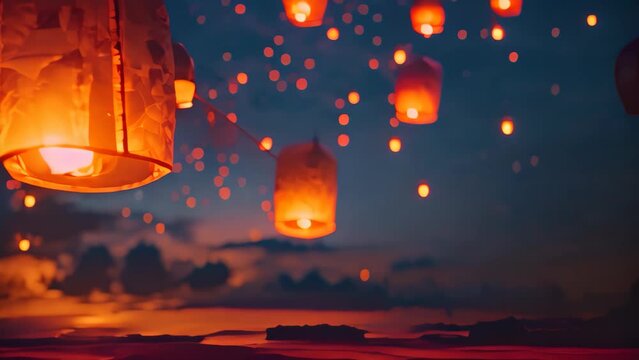 Floating Lanterns Illuminate the Night Sky, Glowing lanterns floating in the sky during an Islamic festival night