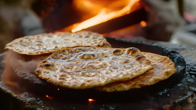 Two pita breads rest on a plate as they sit in front of a roaring fire, crackling and flickering, Handmade Indian rotis on the fire, perfectly puffed up
