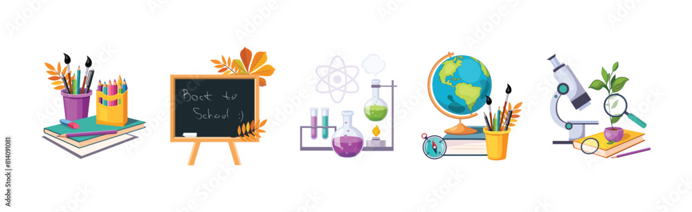 Poster back to school item and object vector composition set