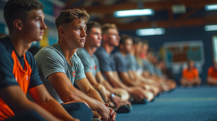 Obraz premium A dramatic photograph capturing the intensity of a sports injury prevention workshop, with coaches and athletes learning proper warm-up techniques, strength training exercises, and