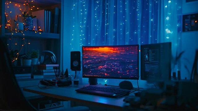A desktop computer is positioned on top of a sturdy wooden desk, providing a functional workspace, Late-night screen glow in a dark home office