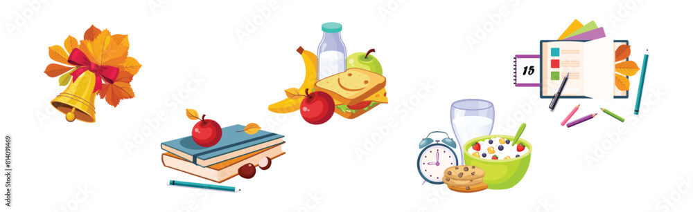 Poster back to school item and object vector composition set