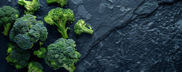 Fresh broccoli on dark slate background