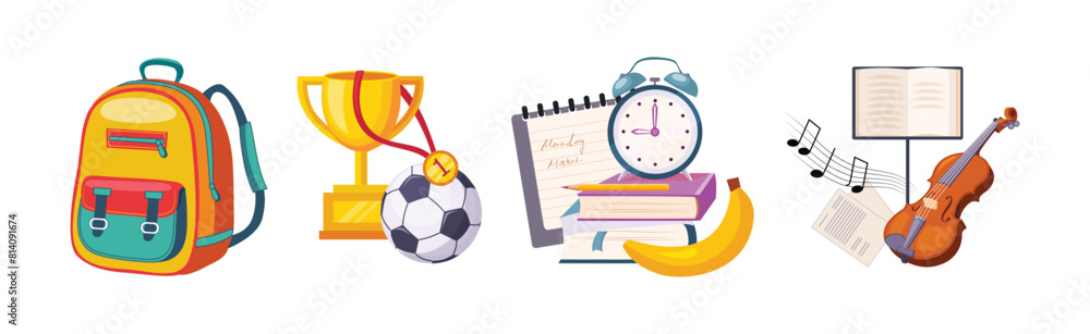 Poster back to school item and object vector composition set