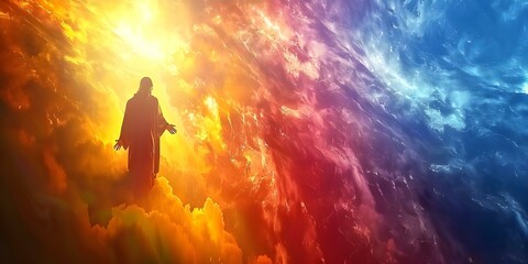 The triumphant rise of Jesus Christ into heaven. Concept Religious iconography, Christian beliefs, Biblical symbolism, Divine ascension, Spiritual significance