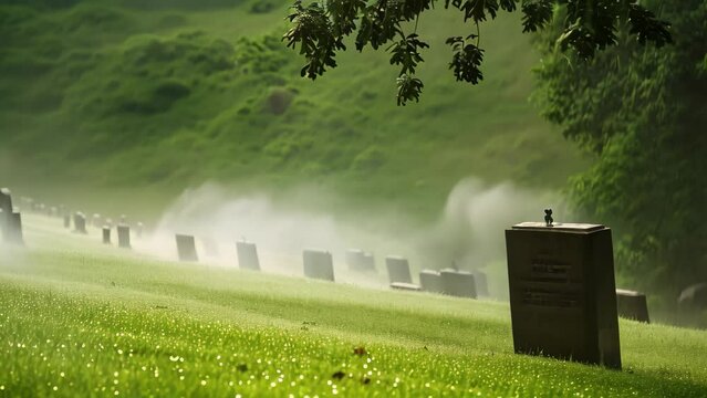 A row of toilets lined up outdoors, exposed to rainfall, Rain falling on a military cemetery, accentuating the solemnity of Memorial Day