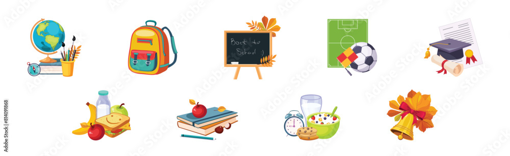 Poster back to school item and object vector composition set