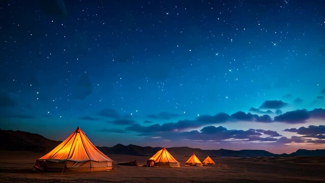 A collection of tents distributed in the sandy landscape of a barren desert, Sweeping desert landscape dotted with nomadic tents under the night sky