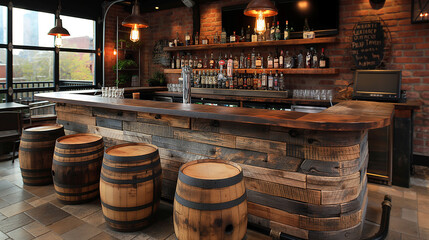 Rustic Pub Interior with Wooden Barrels and Brick Wall Accents