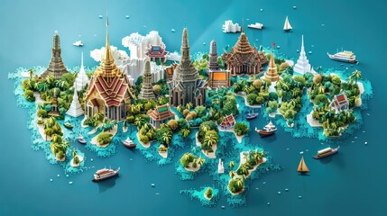 Three 3D images of a map of Thailand.