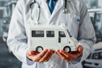 man doctor holding toy ambulance in hands, healthcare, pharmaceutical industry, medical services delivery concept