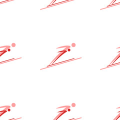 Seamless pattern of large isolated red Ski jumping symbols. The elements are evenly spaced. Illustration on light red background