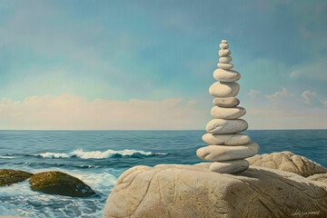 Fototapeta na wymiar Zen stones balance pyramid on the sand of sea beach, water, stones and sand, peace and harmony. Photorealistic background illustration
