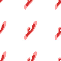 Seamless pattern of large isolated red sex toy symbols. The elements are evenly spaced. Illustration on light red background