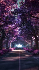 Enchanted purple forest pathway with glowing light at the end