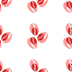 Seamless pattern of large isolated red coffee beans symbols. The elements are evenly spaced. Illustration on light red background