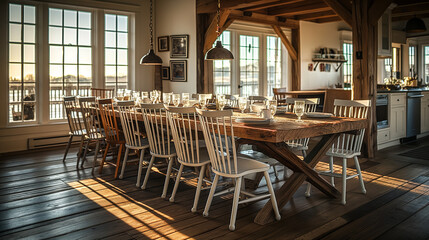 Sunlit Rustic Dining Room Interior with Wooden Table and Coastal View