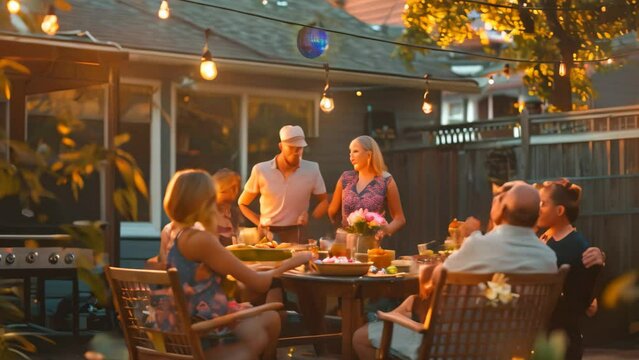 Family members laughing and talking while enjoying a backyard barbecue together, A backyard barbecue with family members laughing and enjoying each other's company