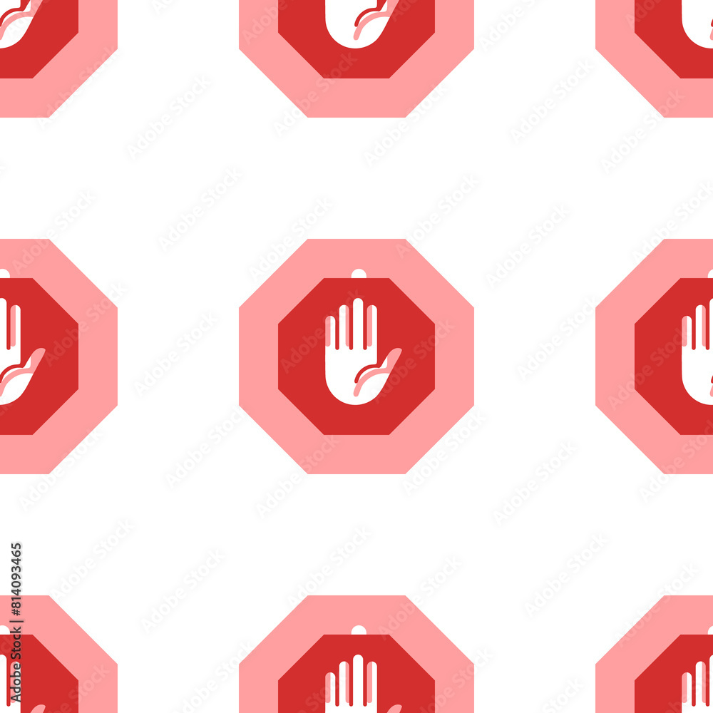 Poster seamless pattern of large isolated red stop hand symbols. the elements are evenly spaced. illustrati