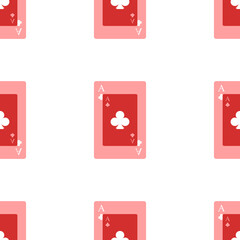 Seamless pattern of large isolated red ace of clubs cards. The elements are evenly spaced. Illustration on light red background
