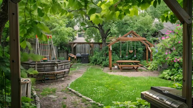 A garden featuring a swing set and wooden bench for leisure activities, A backyard garden with a swing set and a barbecue grill waiting to be fired up