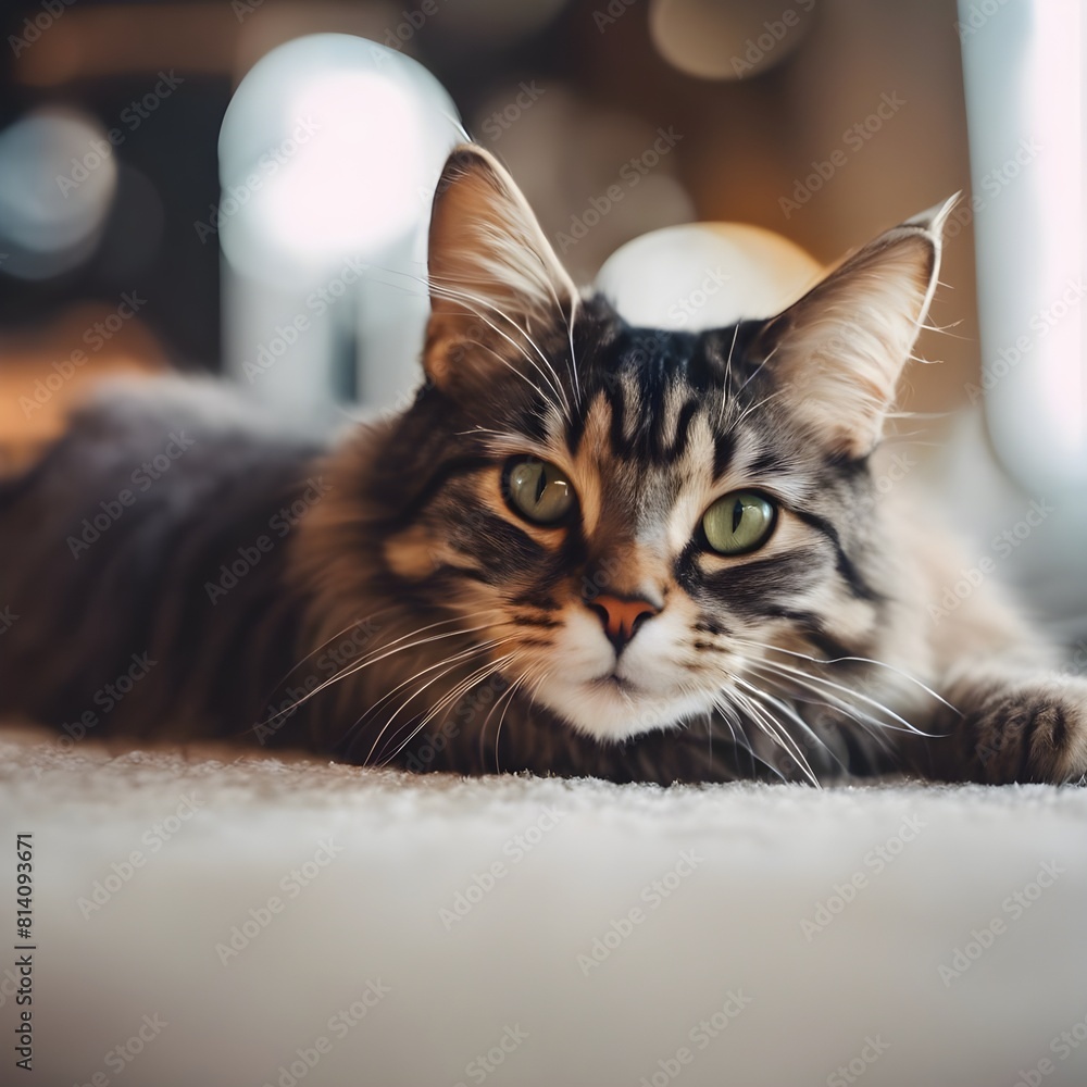 Poster AI generated illustration of a tabby cat lying on the ground against bokeh lights