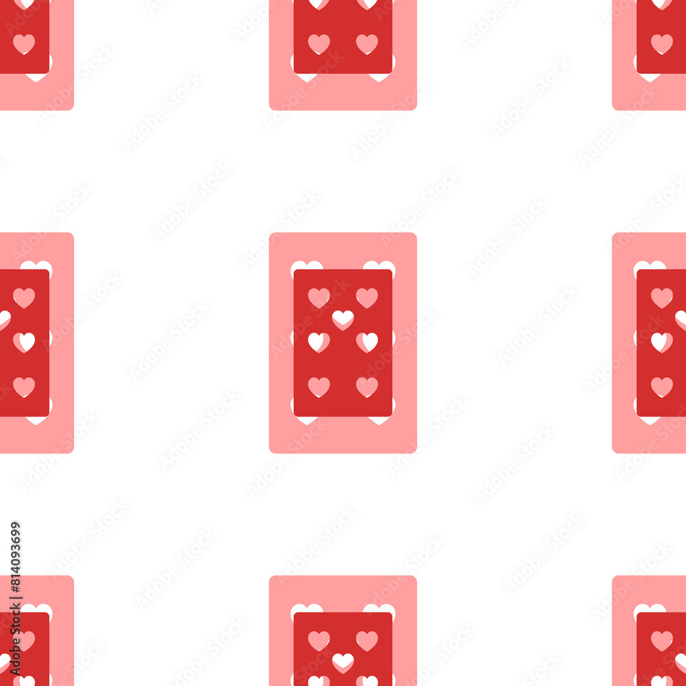 Poster seamless pattern of large isolated red seven of hearts playing cards. the elements are evenly spaced