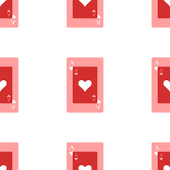 Seamless pattern of large isolated red ace of heart cards. The elements are evenly spaced. Illustration on light red background