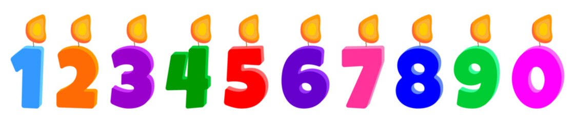 Set of burning colored candles for birthday greeting card design, vector. Cake candles for anniversary, holiday, celebration isolated on white background.