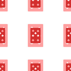 Seamless pattern of large isolated red seven of spades playing cards. The elements are evenly spaced. Illustration on light red background
