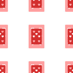Seamless pattern of large isolated red seven of hearts playing cards. The elements are evenly spaced. Illustration on light red background
