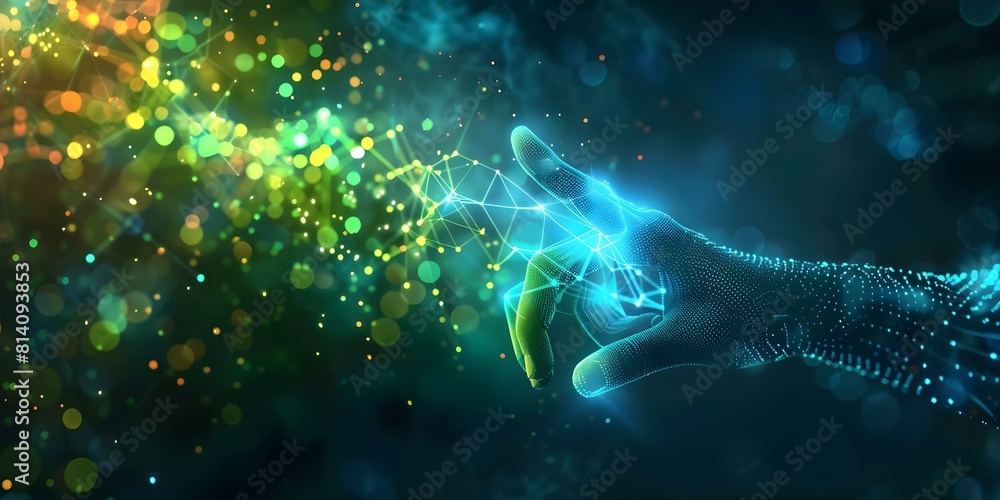 Poster digital network data transfer with glowing fingers on blue background. concept digital network, data