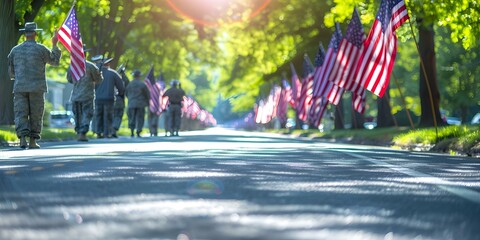 Veterans saluting flag during Memorial Day parade with blurred background copy space. Concept Memorial Day Parade, Veterans, Saluting Flag, Blurred Background, Copy Space
