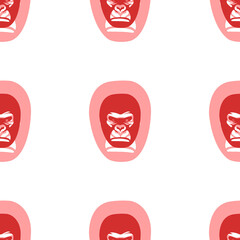 Seamless pattern of large isolated red gorilla heads. The elements are evenly spaced. Illustration on light red background