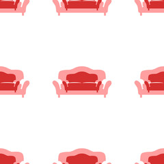 Seamless pattern of large isolated red sofa symbols. The elements are evenly spaced. Illustration on light red background