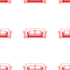 Seamless pattern of large isolated red sofa icons. The elements are evenly spaced. Illustration on light red background