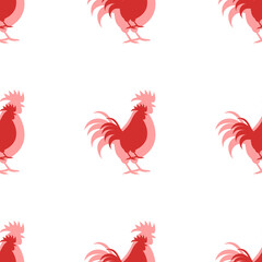 Seamless pattern of large isolated red rooster symbols. The elements are evenly spaced. Illustration on light red background