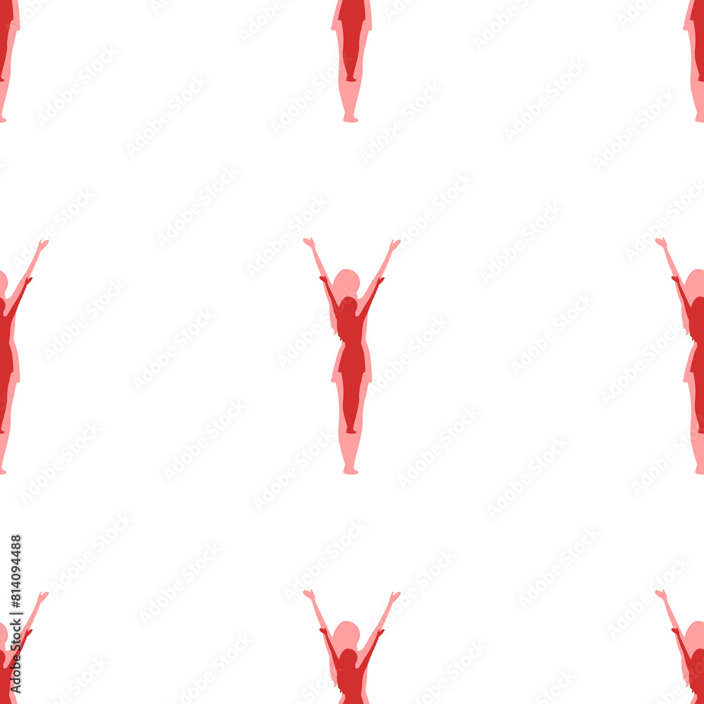 Poster seamless pattern of large isolated red woman with hands up symbols. the elements are evenly spaced. 