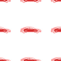 Seamless pattern of large isolated red car symbols. The elements are evenly spaced. Illustration on light red background