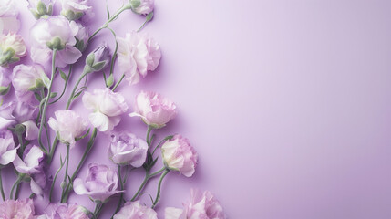 Naklejka premium Scattering of pale lilac eustoma, pastel background