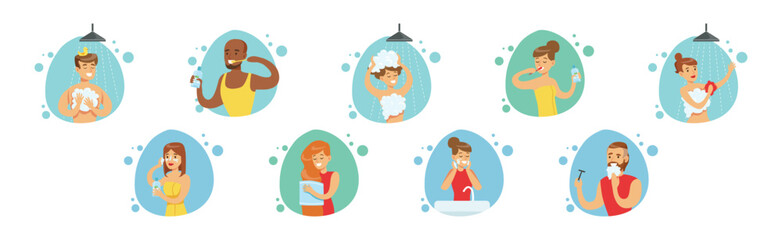 People Character In Bathroom Have Routine Hygiene Procedure Vector Set