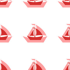 Seamless pattern of large isolated red sailing boat symbols. The elements are evenly spaced. Illustration on light red background