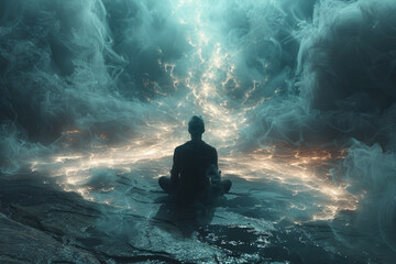 Fototapeta premium An ethereal aura of enlightenment surrounding an individual, symbolizing inner peace and harmony. Concept of spiritual evolution and self-realization. Generative Ai.