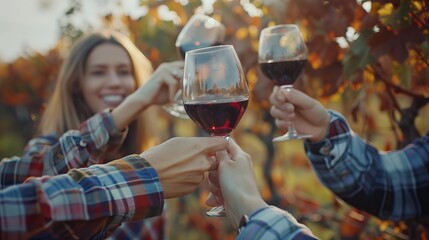 Friends toasting wine in a vineyard at daytime outdoors. Happy friends having fun outdoor. 
