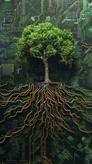 Tree with circuit board roots concept