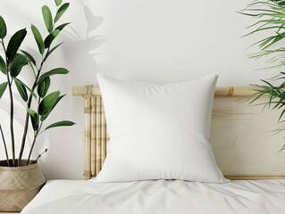 mock up of white square pillow in a room with minimalistic interior with natural materials